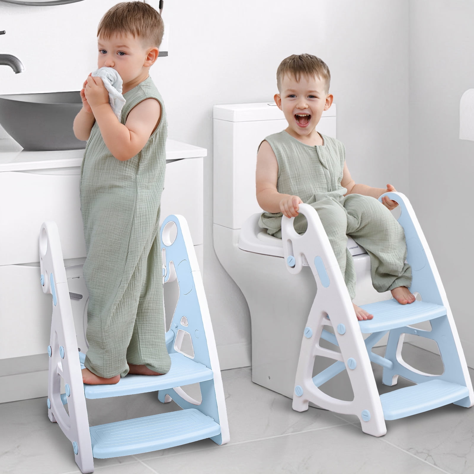 Primlect Potty Training Seat, 2 in 1 Design Potty Chair with Ladder, Toddler Toilet Trainer Seat with Height Adjustable Ladder, for Kitchen Counter Bathroom Sink Training Potty (Blue)